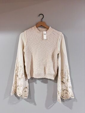Anthropologie Textured Eyelet Twofer Sweater Vest Top beige Flare embroidered S
